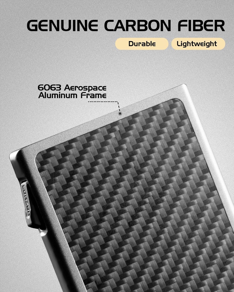 LORZOR Carbon Fiber Wallet for Men, 0.3IN Ultra-slim Minimalist Card Holder with Money Clip, Trigger Button for Quick Card Access, Ultra-light Aerospace Aluminum, RFID-Blocking, Gift Box - Image 3